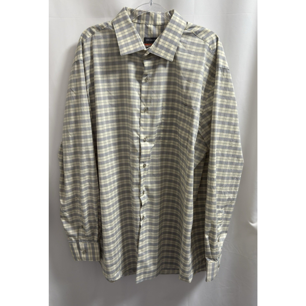 Van Heusen Checkered Long Sleeve Shirt XL 17-17 1/2 34/35 Regular Fit Stretch